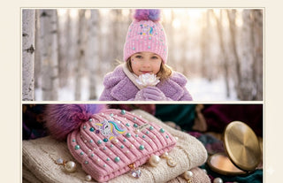 A pink knit pom-pom beanie with a unicorn design and rhinestone embellishments, shown on a child in a snowy outdoor setting and also laid flat on a knitted surface with decorative pearls and a compact mirror.